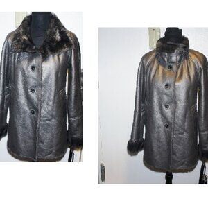 New Genuine Leather Faux Fur Lined Versatile Collar Coat Jacket M
